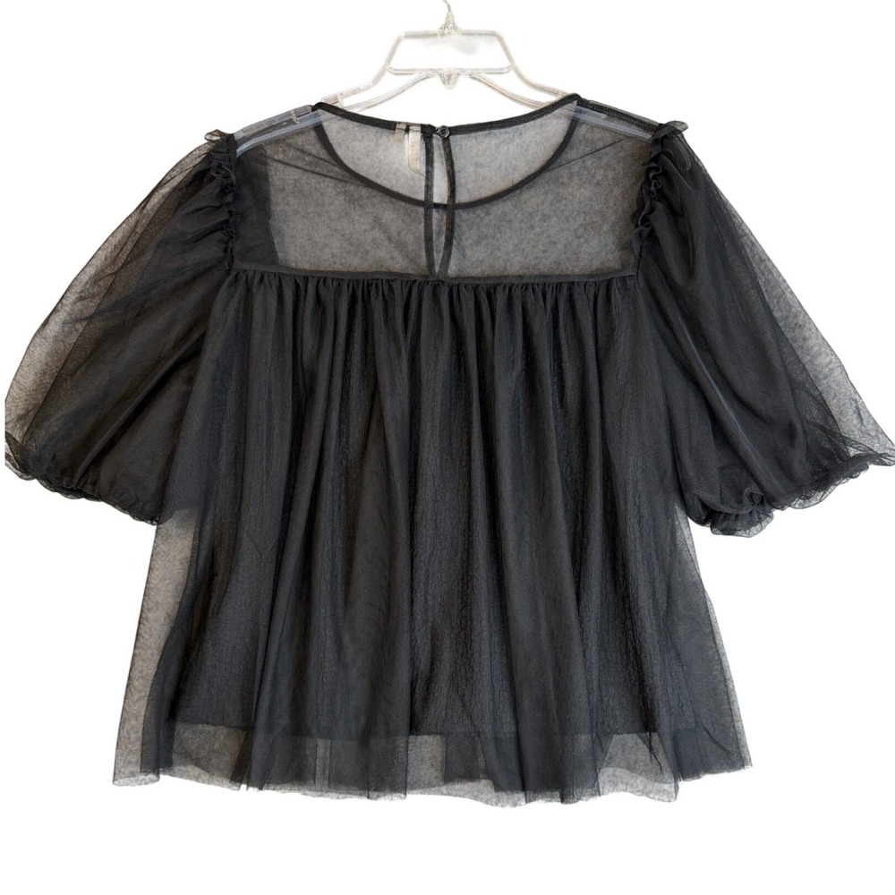 Womens Whimsigoth Sheer Mesh Puff Sleeve Babydoll Top M Black Tulle Goth Vamp